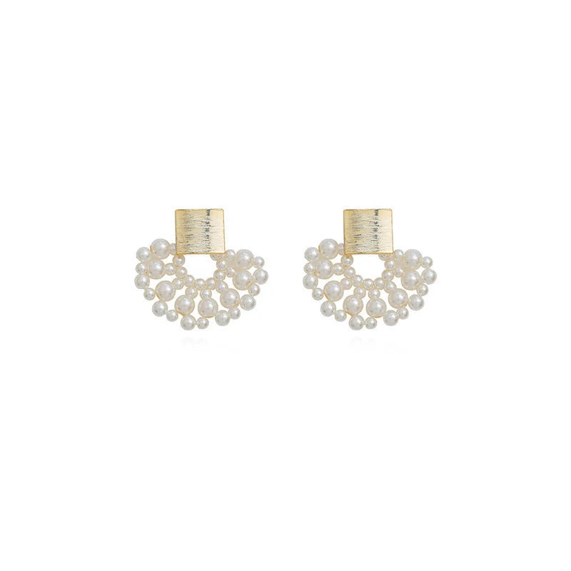 Handmade pearl woven scalloped pearl stud earrings in 14K true gold