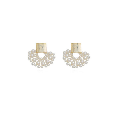 Handmade pearl woven scalloped pearl stud earrings in 14K true gold