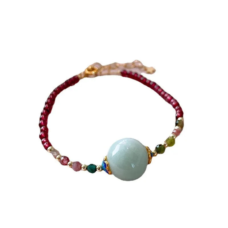 Aquamarine Chinese style women's bracelet with garnet beads and electroplated finish