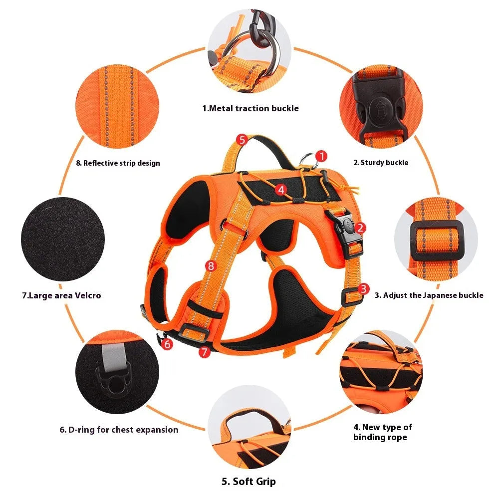 Reflective dog harness with vest, hand holding rope, and explosion-proof breast strap in multiple colour options