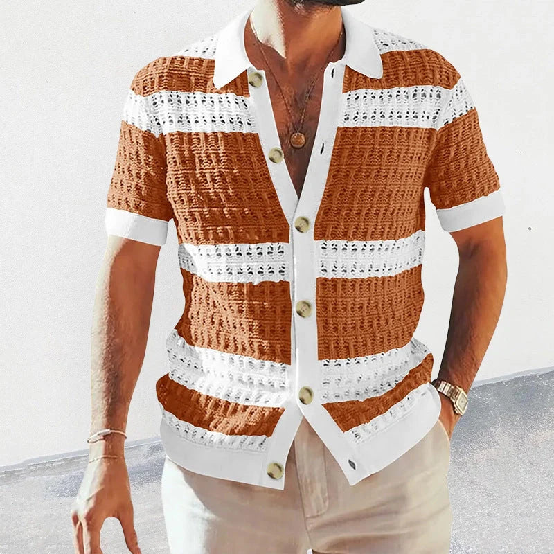 Men's summer knitted polo neck short sleeve cardigan in breathable polyester