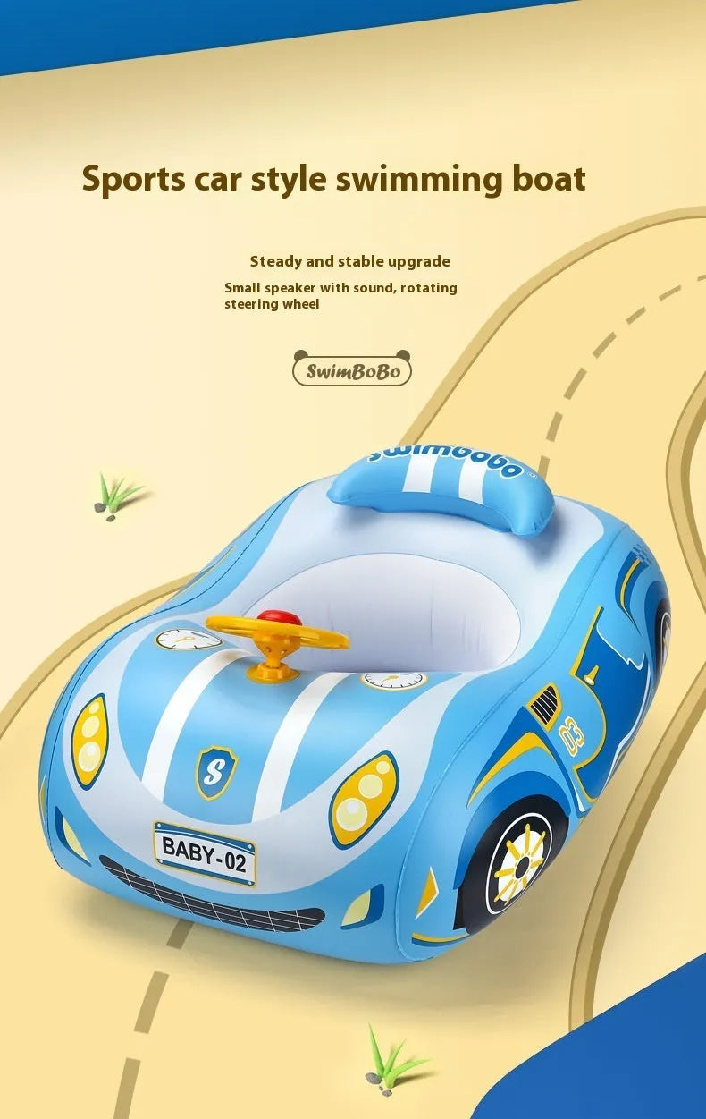 Pink inflatable swimming ring with cartoon sports car design for children's swimming