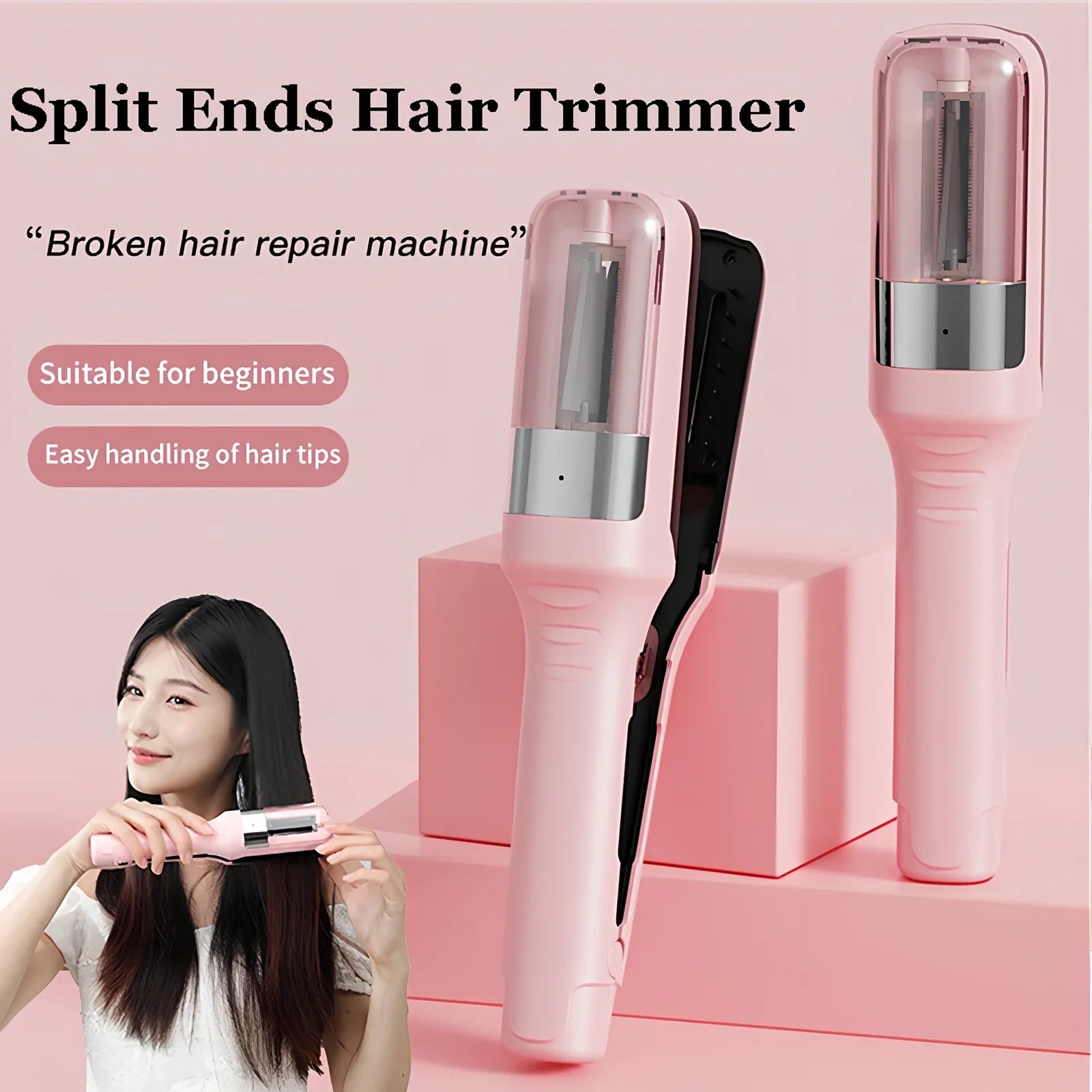 Cordless beige hair ends trimmer with 1/4-inch fixed cut, USB cable, comb and pillows for split end removal