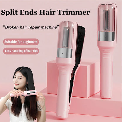 Cordless beige hair ends trimmer with 1/4-inch fixed cut, USB cable, comb and pillows for split end removal