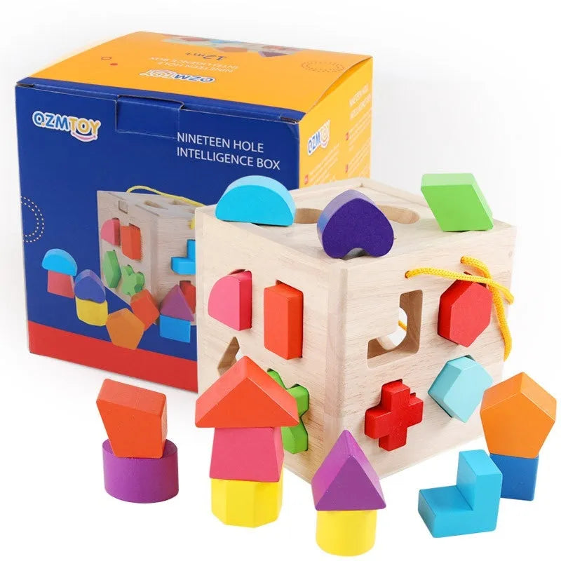 Wooden geometric shape matching building blocks with intelligence boxes for infants
