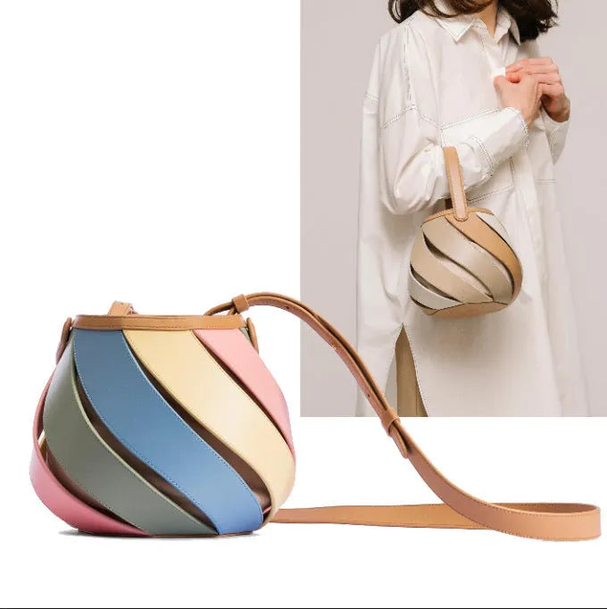 Cylindrical contrast stitching PU bucket bag in beige with diamond quilting and double shoulder strap