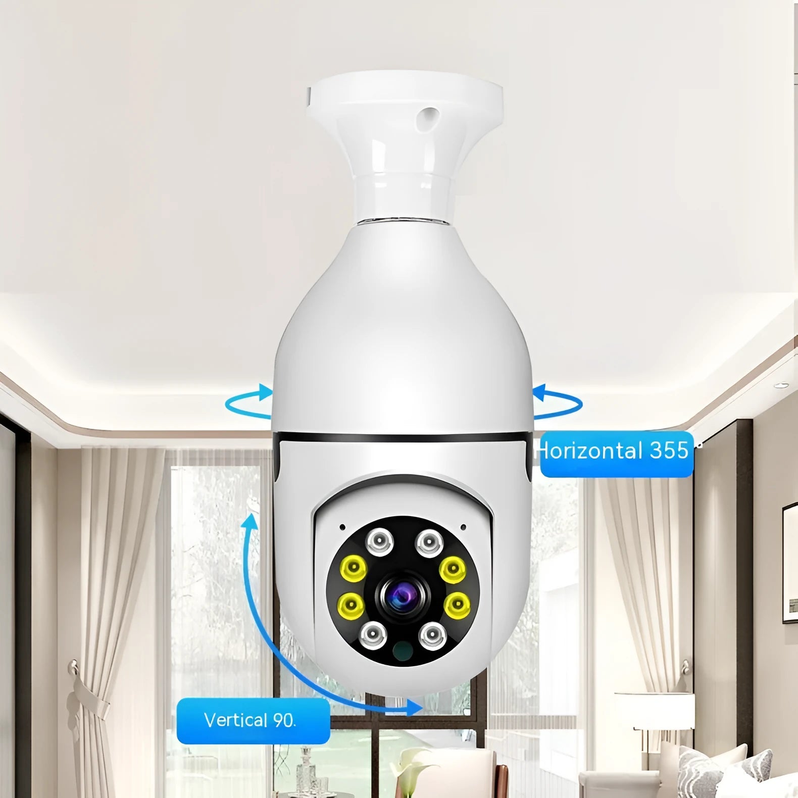 Wireless wifi bulb camera with 1080p resolution and full colour night vision measuring 5x12cm