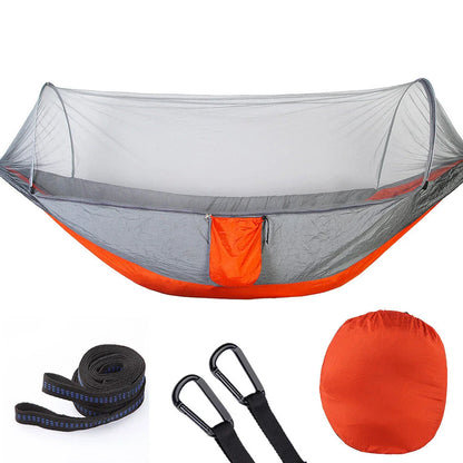 Cozy outdoor hammock with quick pop-up mosquito net, perfect for camping, hiking, and backyard relaxation