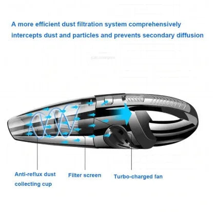 Black cordless handheld car vacuum cleaner with attachments on a grey surface