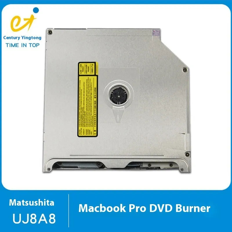 Silver internal SATA optical drive for MacBook Pro 13, showing UJ8A8 specification label.
