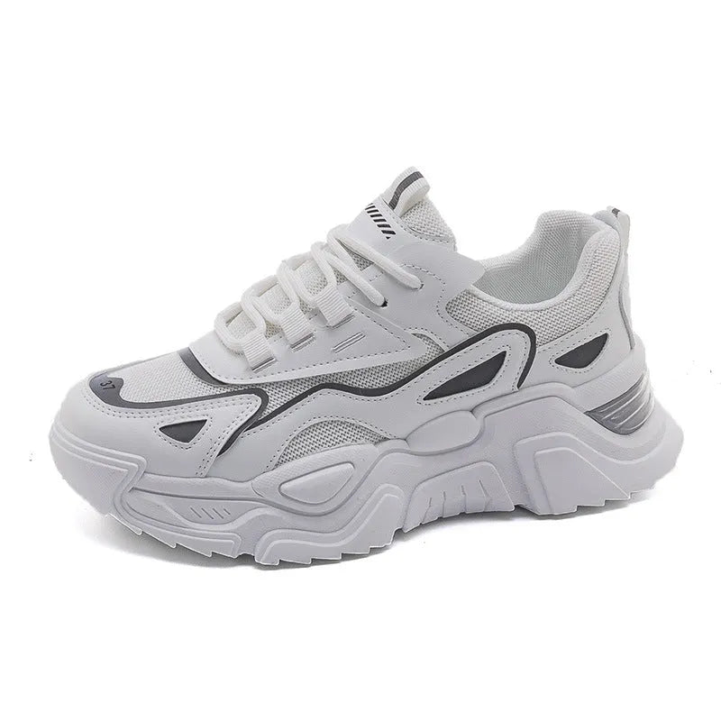 Women's thick-soled dad shoes casual sneakers low top flat heel solid colour white black beige mesh lining