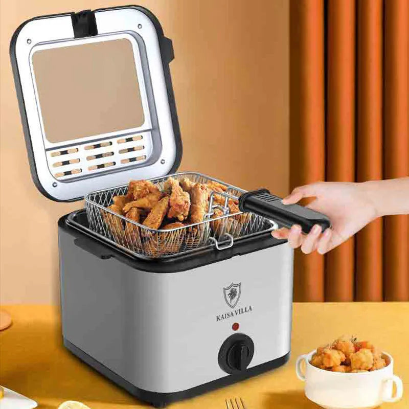 Silver electric air fryer with stainless steel body and a removable rectangular frying basket.