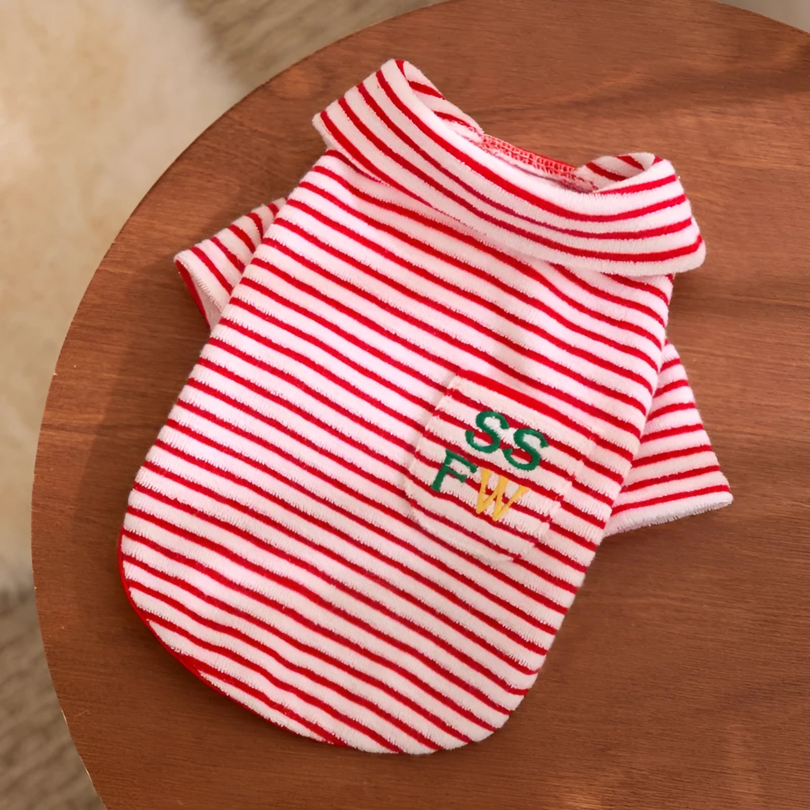 Red striped warm fleece pet clothing for small dogs and cats with two leg openings and embroidered pocket