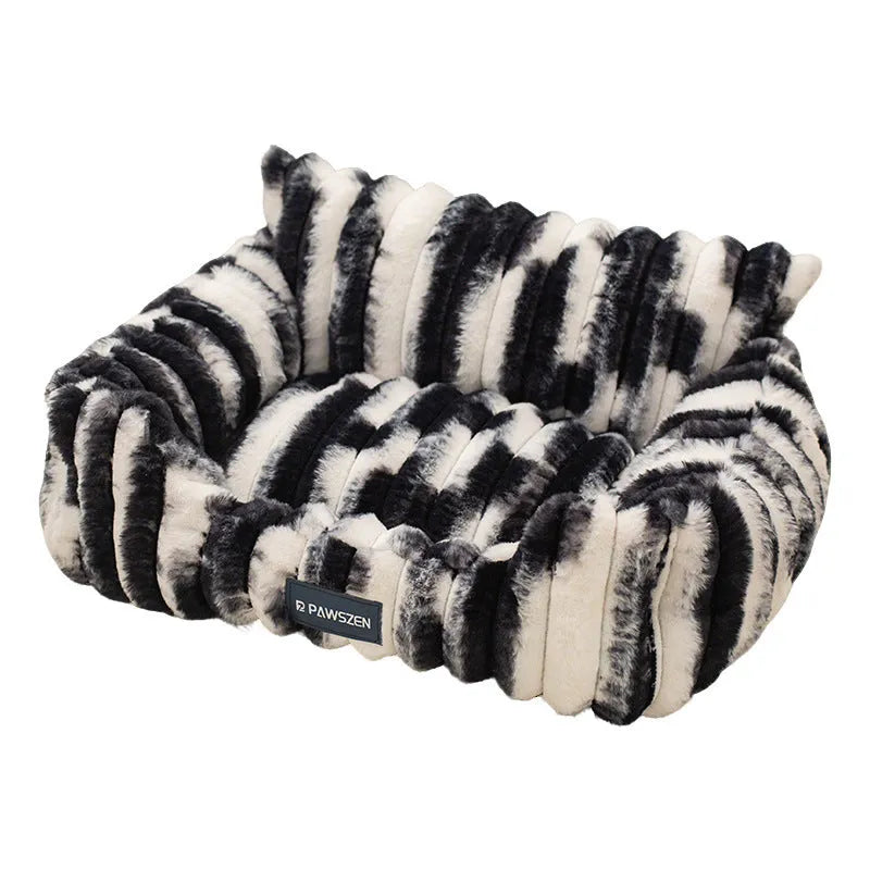 Large plush pet sofa bed for cats in brown with pattern drawing, size 75x55x25 cm