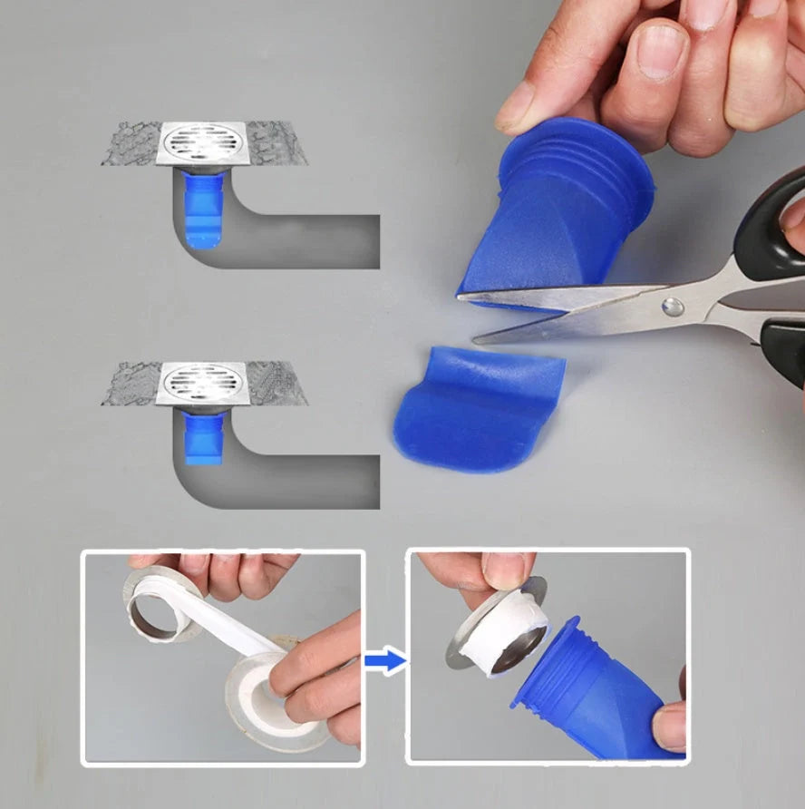 Blue silicone floor drain deodorant anti-overflow device measuring 180x120x40 mm