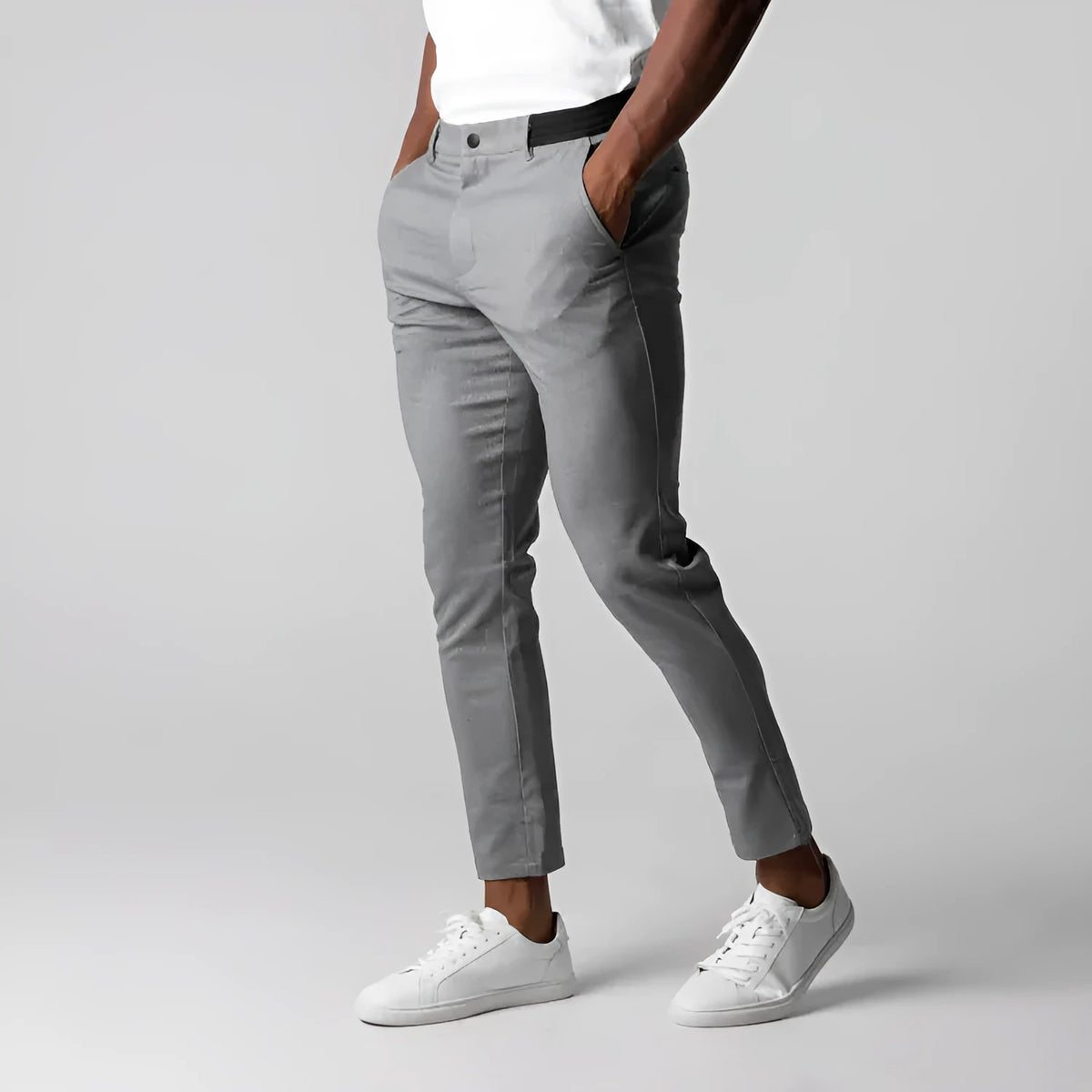 Men's casual pure cotton straight-leg pants in gray, Japanese style with mid-waist and zip fly