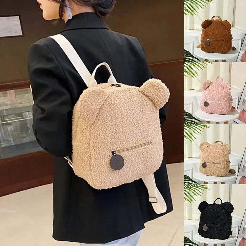 Cute, bear-shaped backpack made of soft, fleece material in various colors for casual travel and daily use