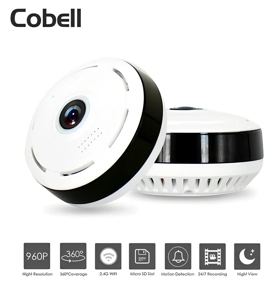 White Cobell 960P WiFi IP camera with 360 degree lens, night vision up to 15m, mounted on ceiling for home security