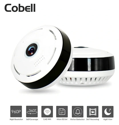White Cobell 960P WiFi IP camera with 360 degree lens, night vision up to 15m, mounted on ceiling for home security