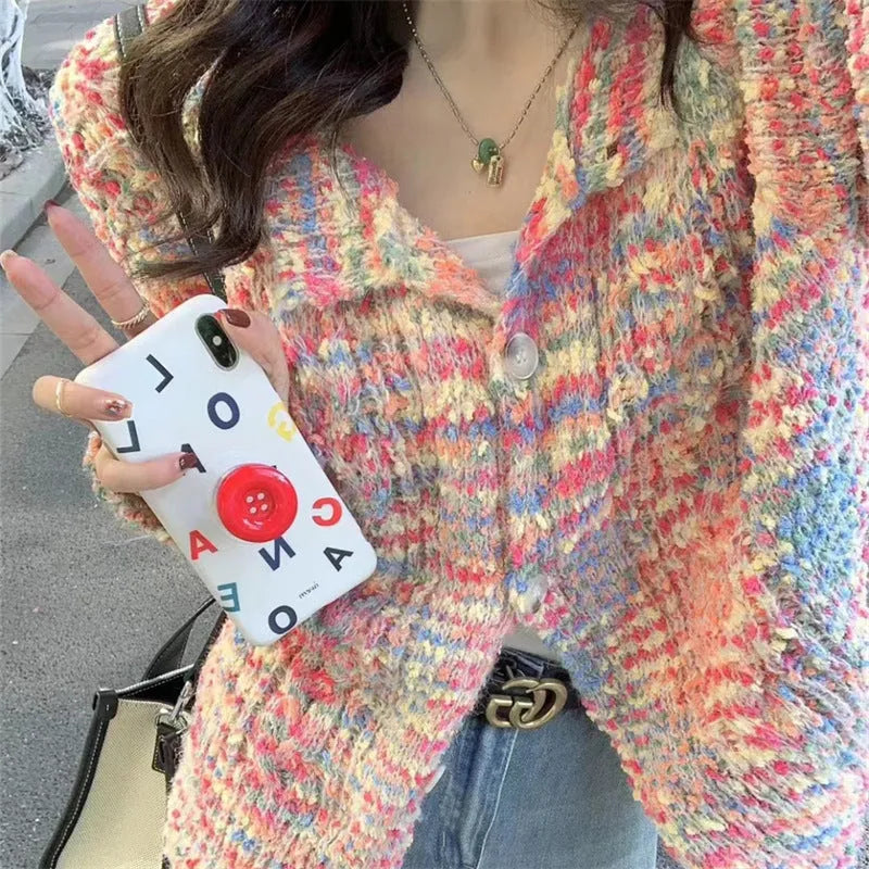 Retro rainbow knitted cardigan in toothbrush hair fabric with ice cream pink and green colour options