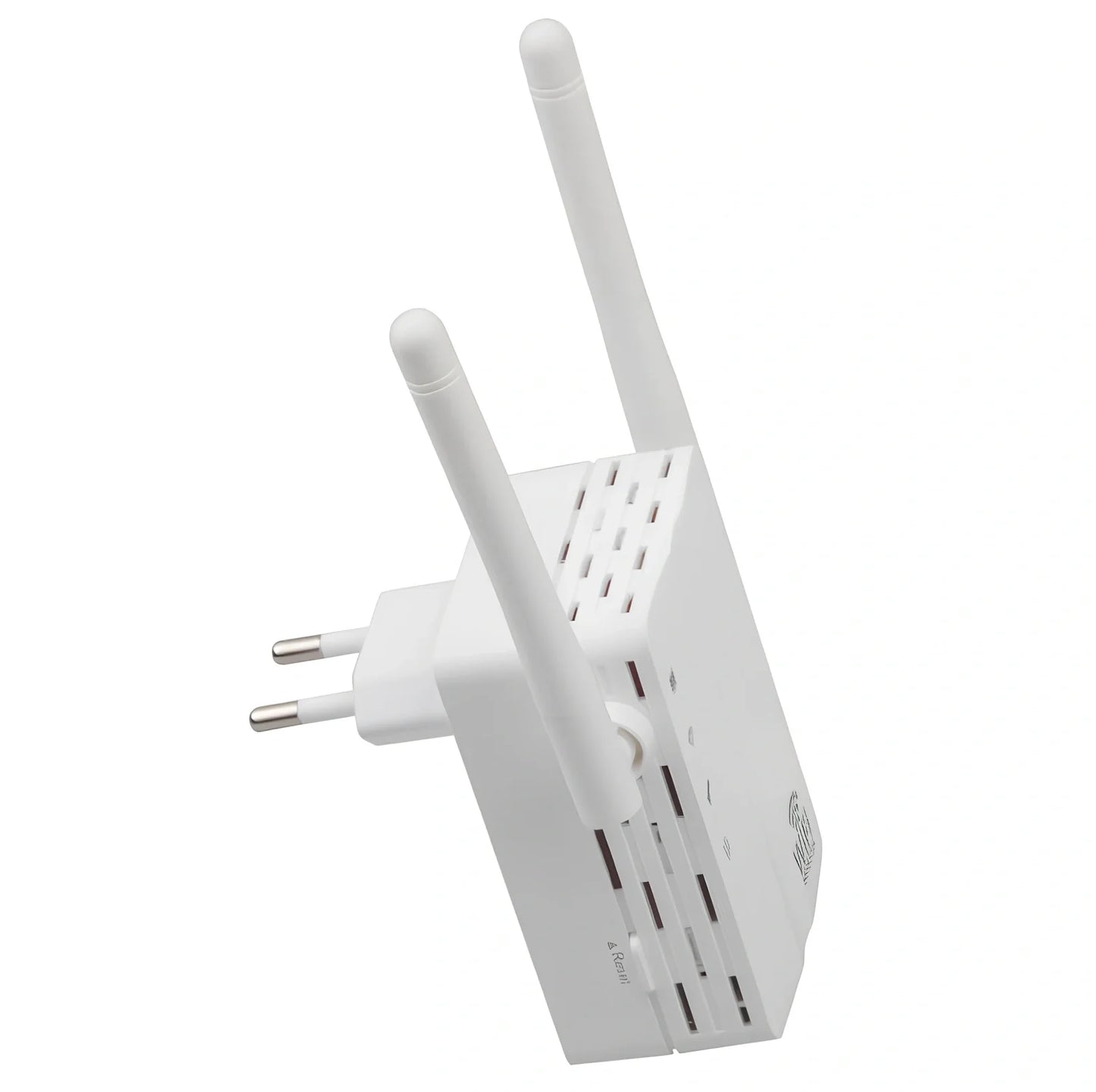 White WiFi signal amplifier measuring 10x9x7cm with 300Mbps speed and 300m range