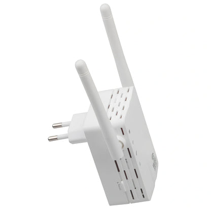 White WiFi signal amplifier measuring 10x9x7cm with 300Mbps speed and 300m range