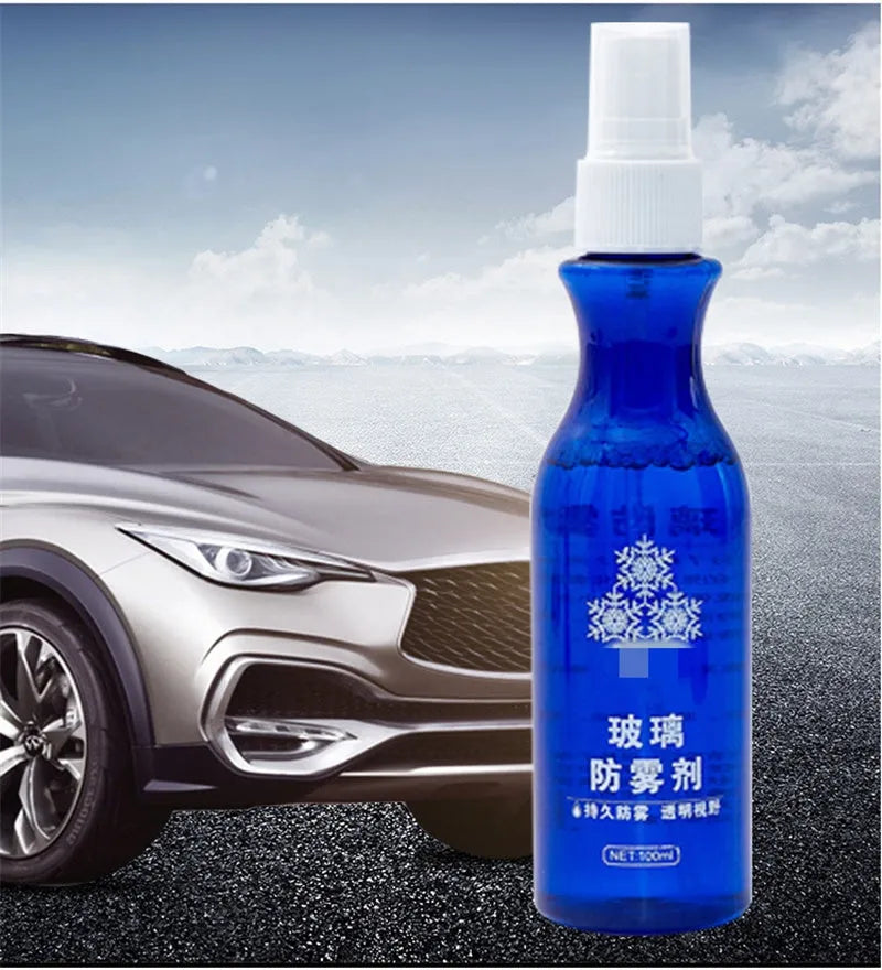 Blue bottle of windscreen liquid-spray anti-fog agent 100 ml on car dashboard
