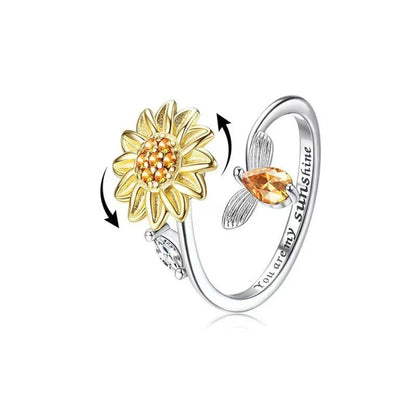 Adjustable rotating spinner ring with elegant flower and bee design in various color options