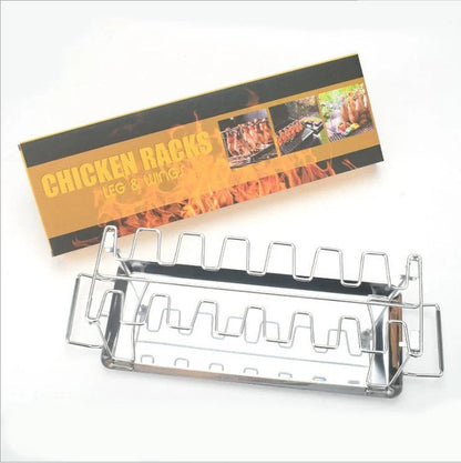 Stainless Steel Barbecue Rack with 14 slots for cooking chicken legs and wings, featuring a folding stand and drip tray