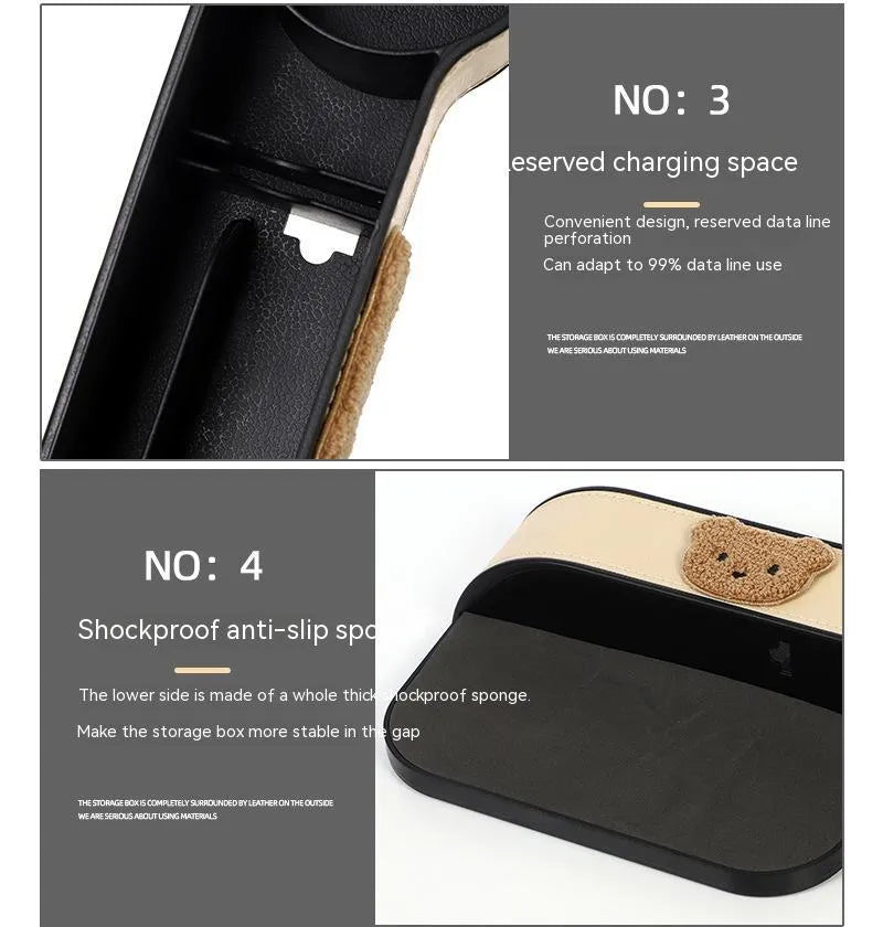 Cartoon bear design leather car seat gap storage organiser for between-seats vehicle storage