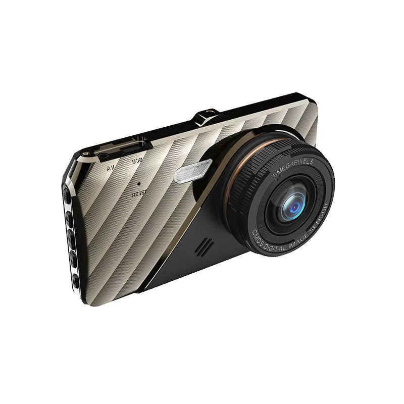 Black 4-inch touch screen dual lens car dashcam mounted on a windscreen