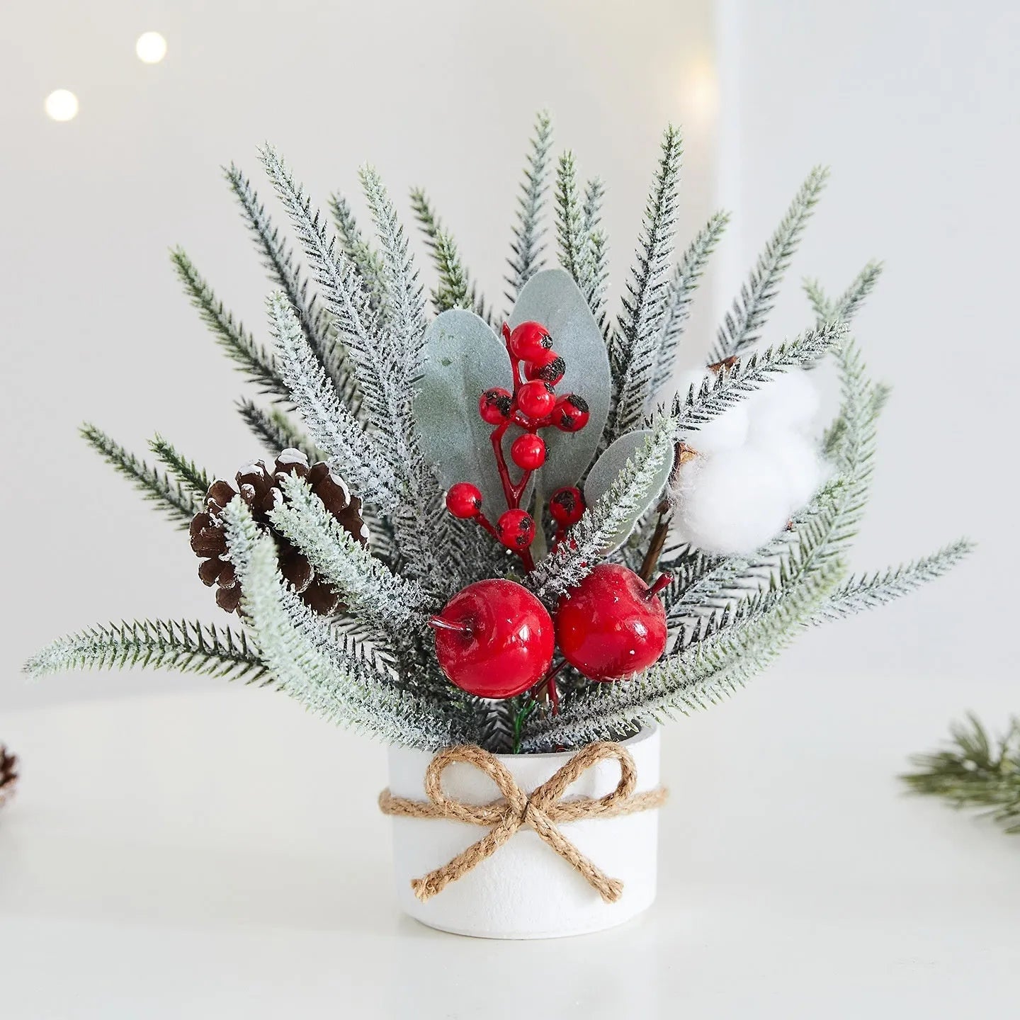 Desktop mini Christmas tree ornament with four colour options in European, American, and Nordic styles made from plastic, PVC, PET, and cloth.