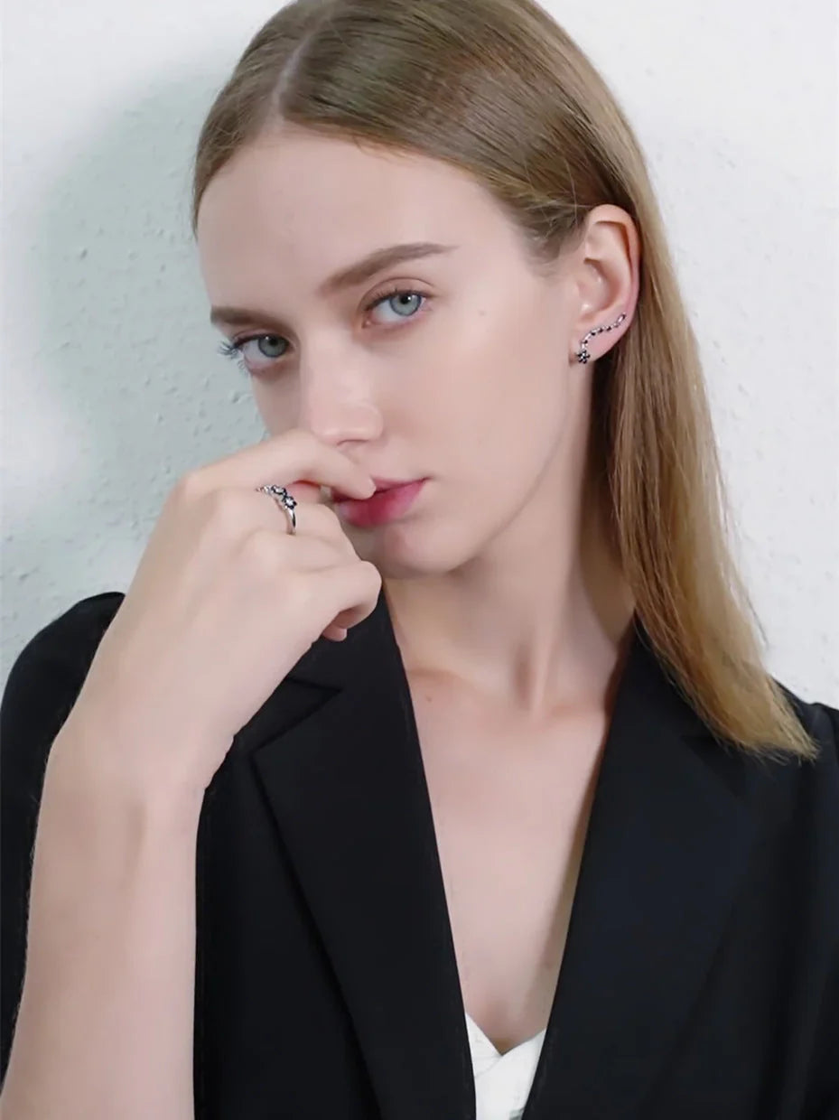 Women's Long Fringed Zircon Earrings in black with flower detailing