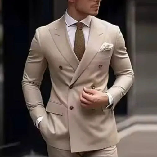 Men's slim fit two-piece suit in grey, jacket and trousers, Korean business style.