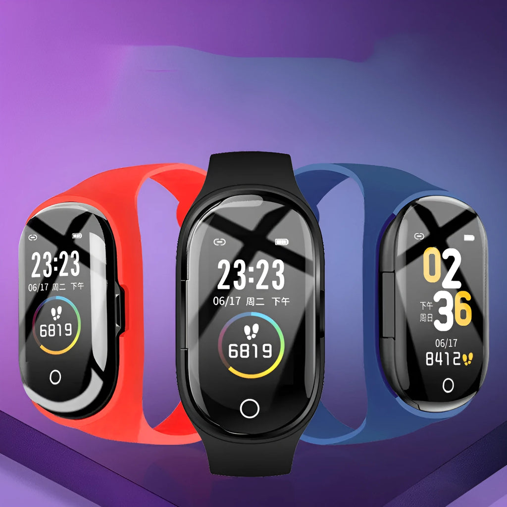 Blue smart bracelet earphone combo wearable with a 1-inch screen on a silicone wristband.