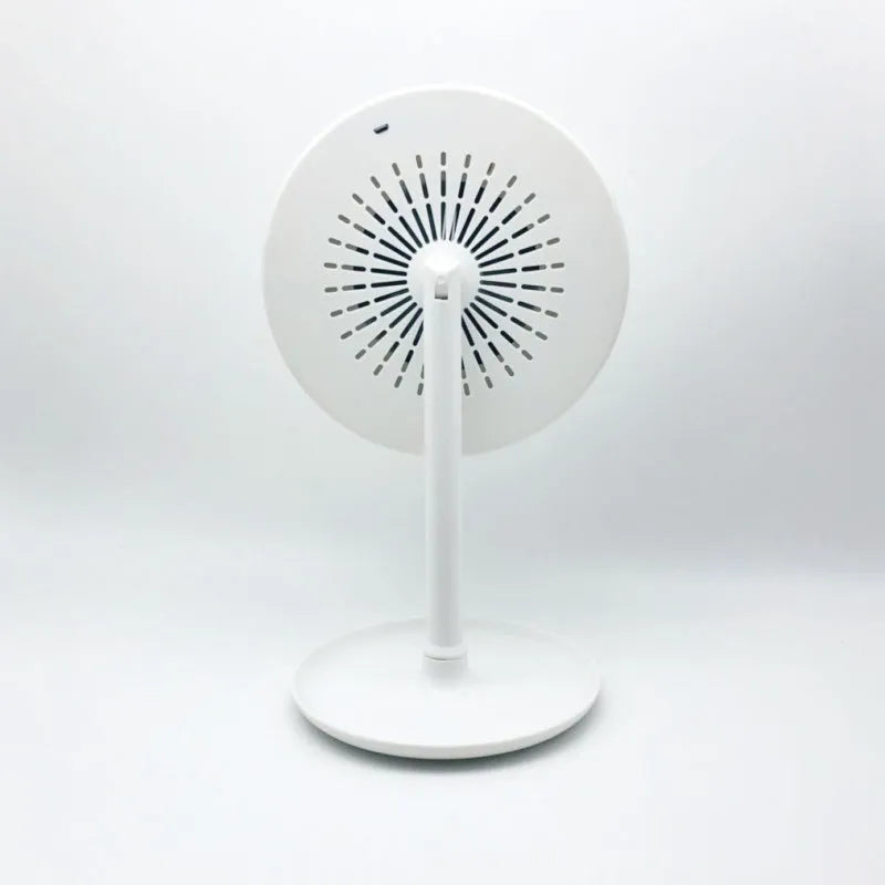 White foldable fan LED light makeup mirror on a desk with adjustable lights