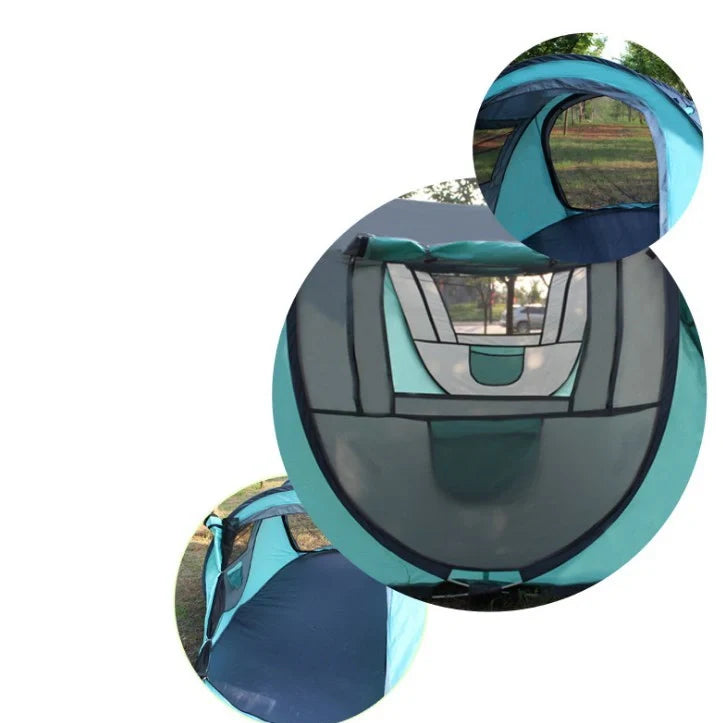 Blue ash automatic pop-up camping tent deployed showing interior space and fibre glass pole structure