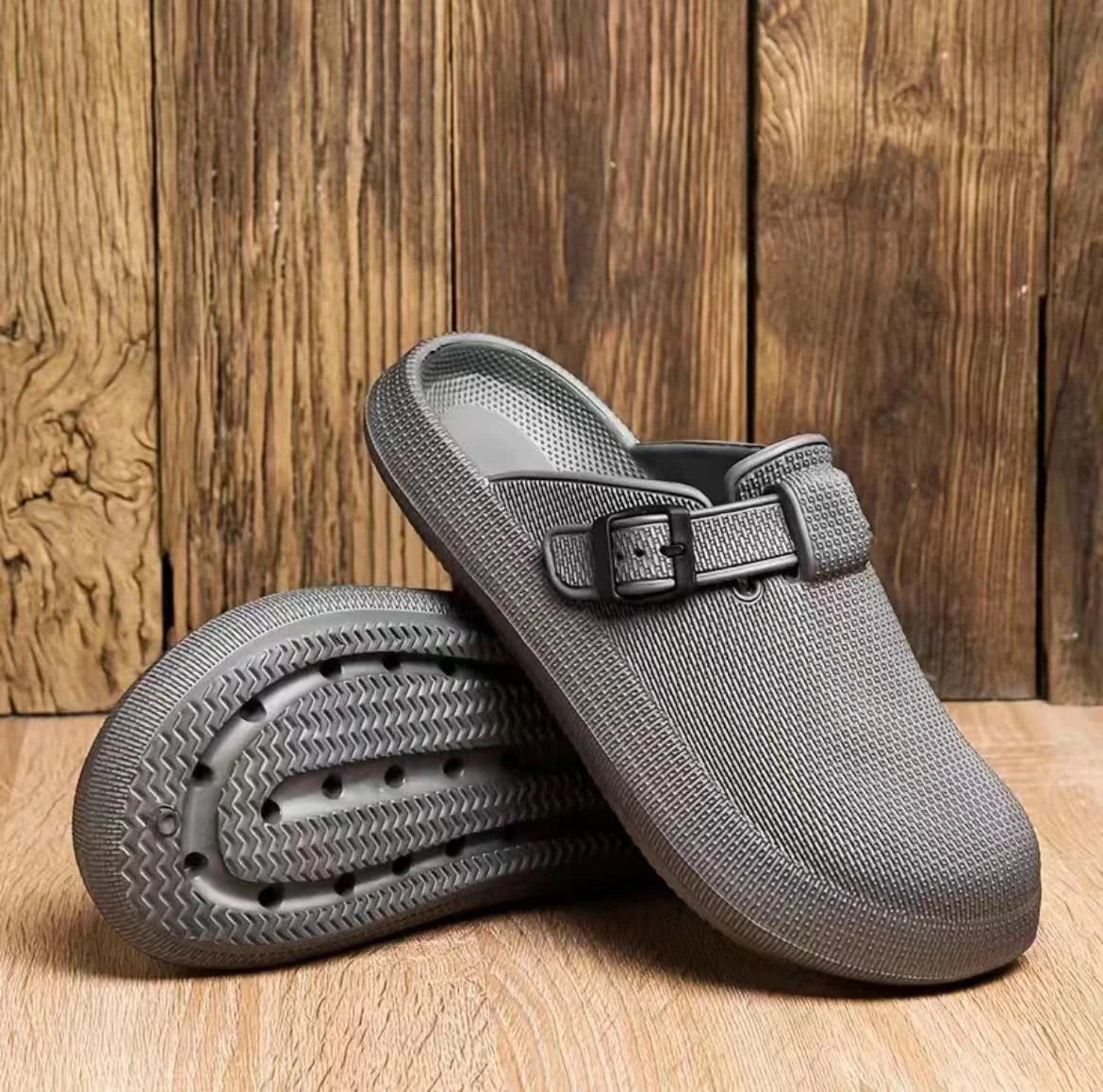 Lightweight EVA indoor home slippers in black, gray, and white