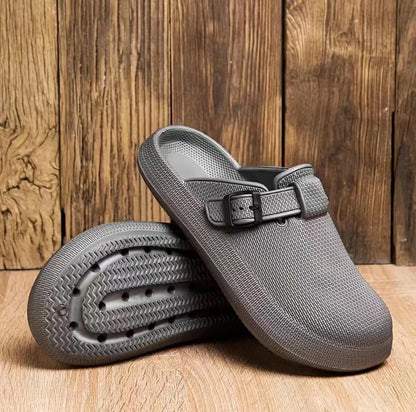 Lightweight EVA indoor home slippers in black, gray, and white