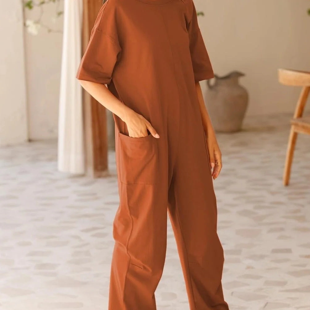 Women's stretch V-neck jumpsuit with pockets in various colours