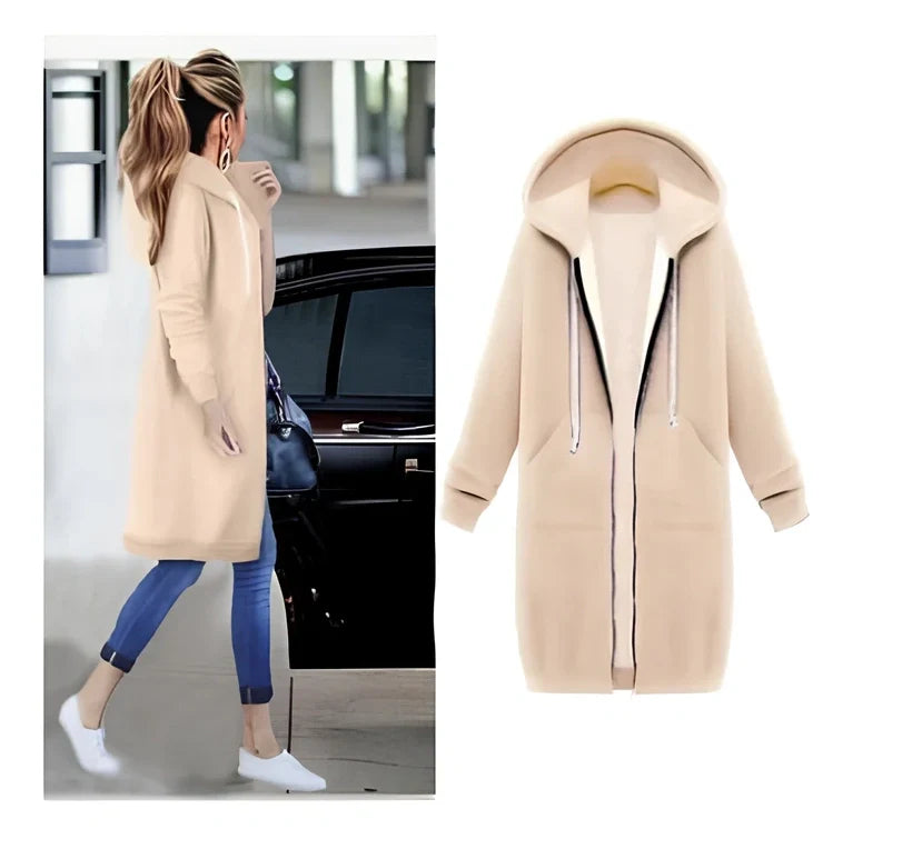Women's hooded long-sleeved zipper jacket in army green, full length 106cm, 650g broadcloth for winter wear sizes S-5XL