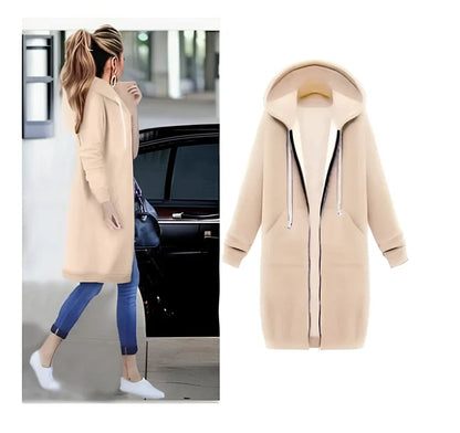 Women's hooded long-sleeved zipper jacket in army green, full length 106cm, 650g broadcloth for winter wear sizes S-5XL