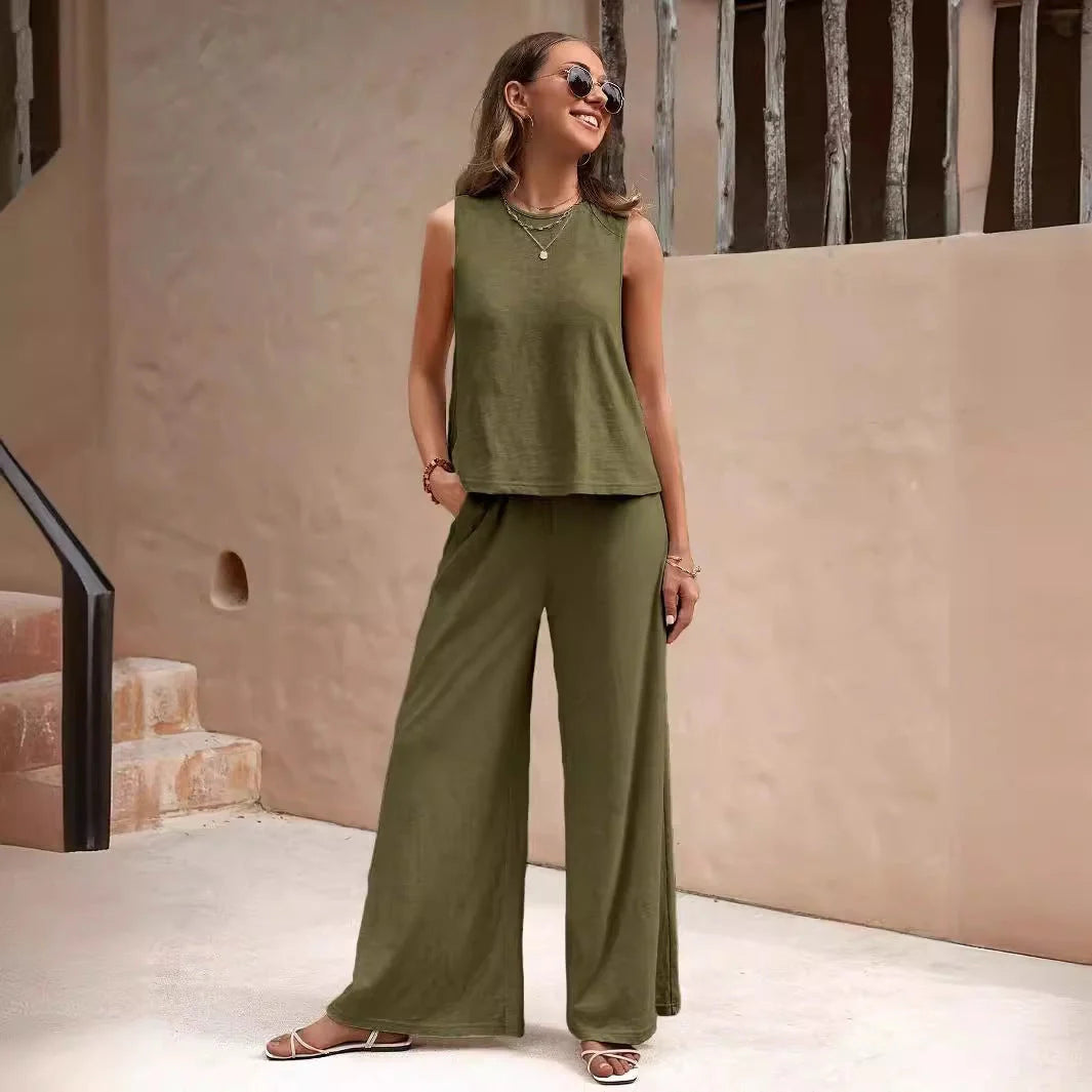 Women's solid colour casual loose pants set with sleeveless top in various colours