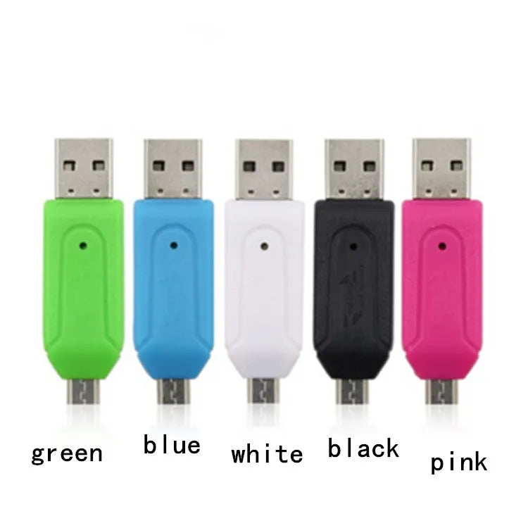White OTG card reader with micro USB plug for SD and TF memory cards next to a mobile phone.