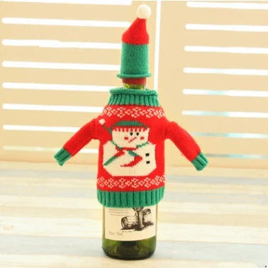 Knitted Christmas Bottle Set with festive designs including Joy, Christmas tree, elk, and snowman