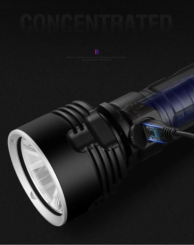 Rechargeable super bright LED flashlight with focusing beam and aluminum alloy body