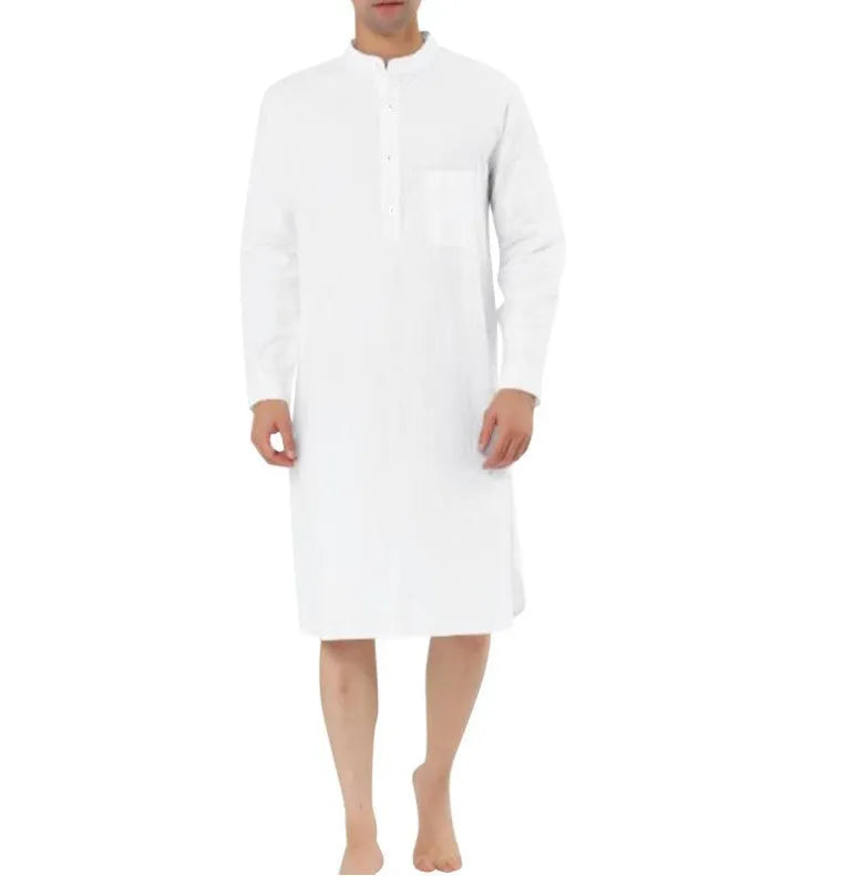 Men's simple cotton shirt robe with a front pocket, shown in a choice of colours