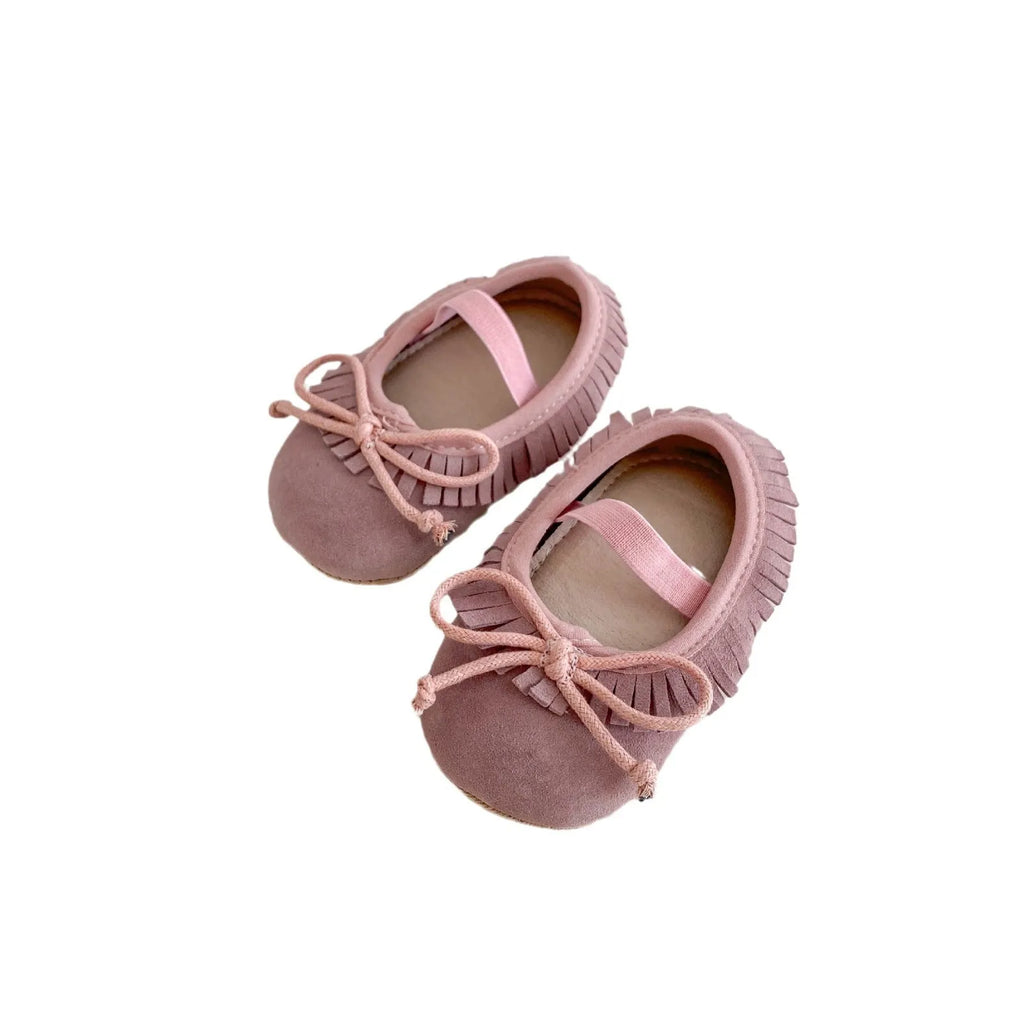 Spring genuine leather baby girl shoes with big bow and fringe, available in multiple colours