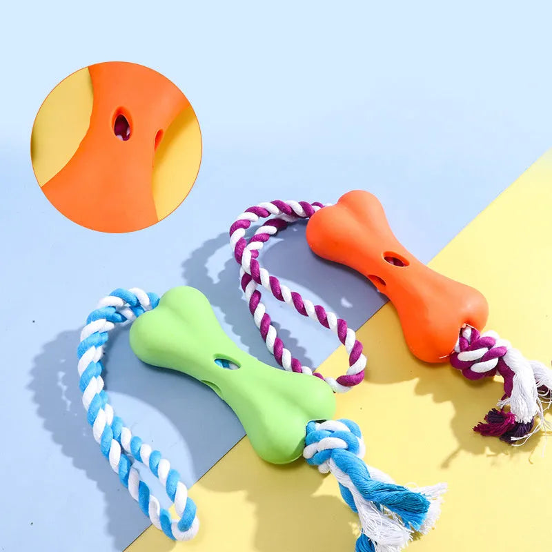 Green knotted rope bone dog toy with porous texture for holding beef strips and cheese treats