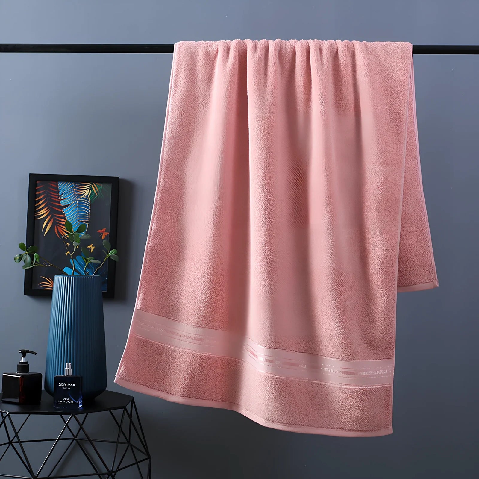 Three-piece cotton bath towel set in blue, featuring 70x150cm bath towel, 34x75cm hand towel, and 34x35cm square scarf for absorbent drying